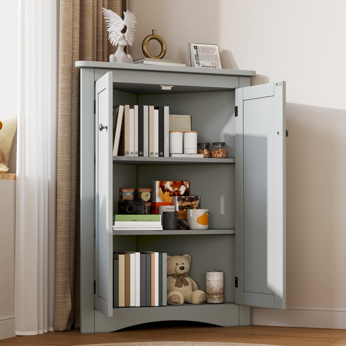 ROHOVÁ skrinka z MDF 61,5x34,5x80 cm sivá s 2 dvierkami a 3 úložnými priehradkami - sivá, kompozitné drevo (34.5/90/61.5cm) - Modfu