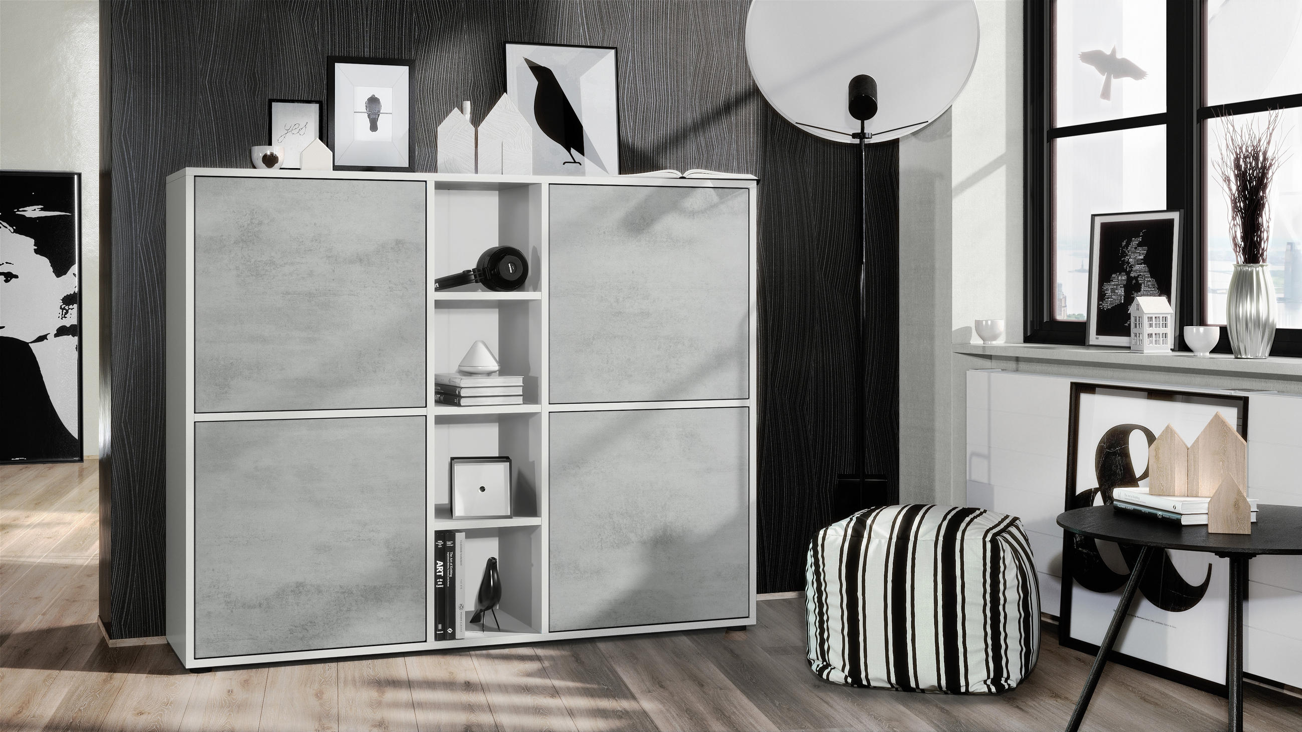 HIGHBOARD Cuba Türen in Beton Oxid Optik - Hellgrau, Holzwerkstoff (130.5/105.5/35.5cm) - Vladon