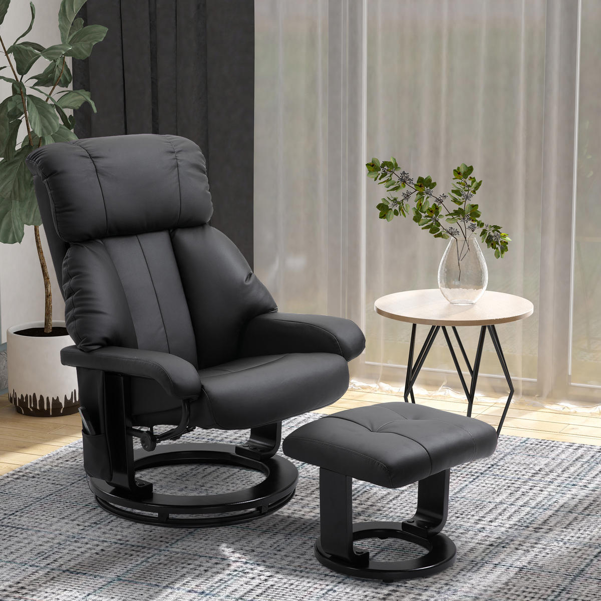 RELAXSESSEL mit Liegefunktion Massagesessel inkl. Hocker Fernsehsessel drehbar - Schwarz, Leder/Kunststoff (80/102/76cm) - HOMCOM