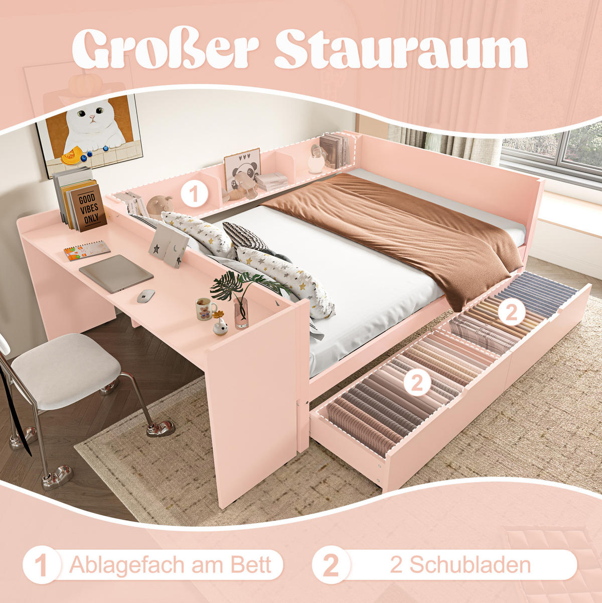 BETT 140/200 cm mit Schreibtisch, 2 Schubladen und 3 Regalen aus Kiefern und Spanplatte, Weiß/Rosa - Rosa, Holzwerkstoff (140/200cm) - Redom