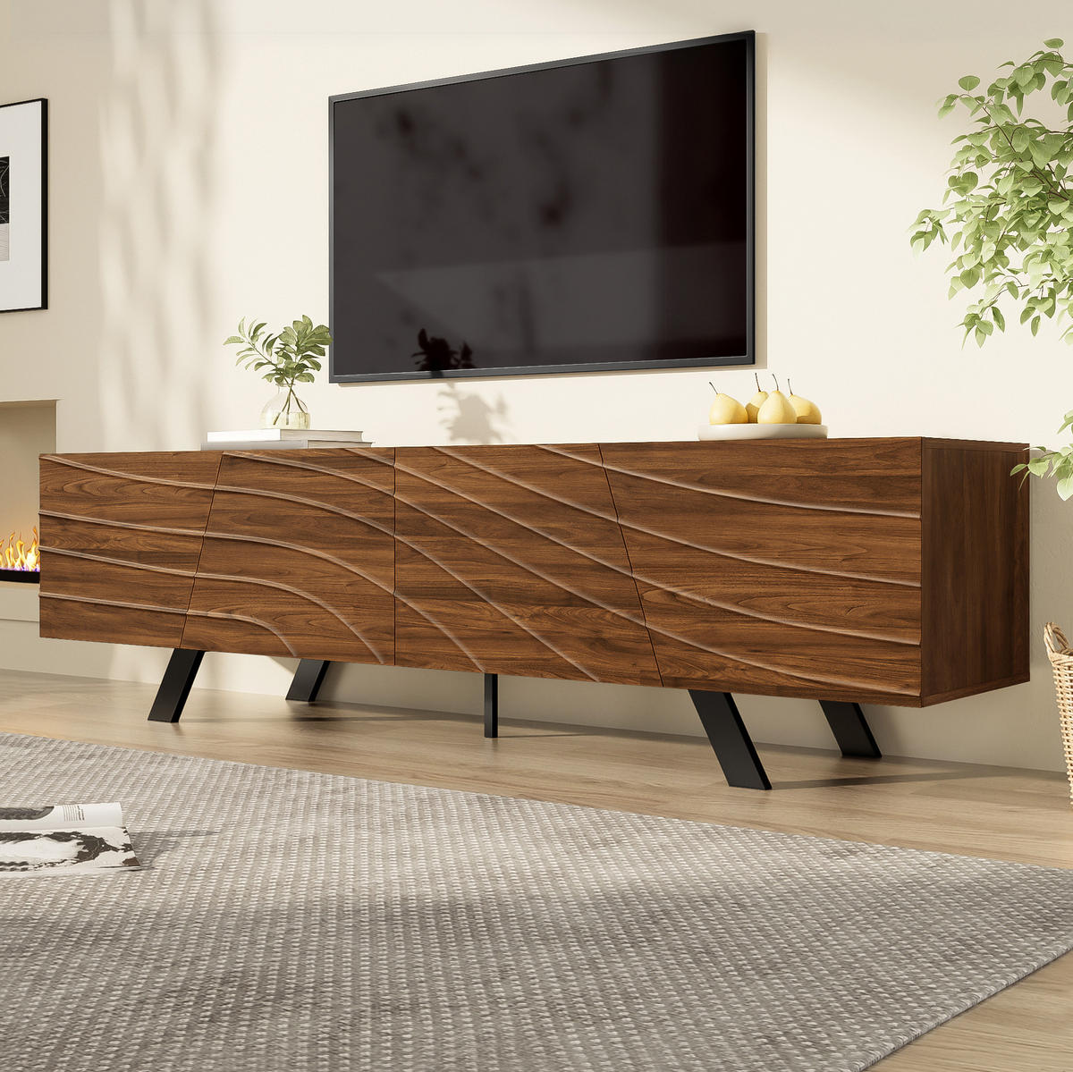 LOWBOARD aus MDF 160x39x50,5 cm Walnussfarben mit Kabelmanagement und Stauraum, Wellenfront - Walnussfarben, Holzwerkstoff (160/50.5/39cm) - Modfu