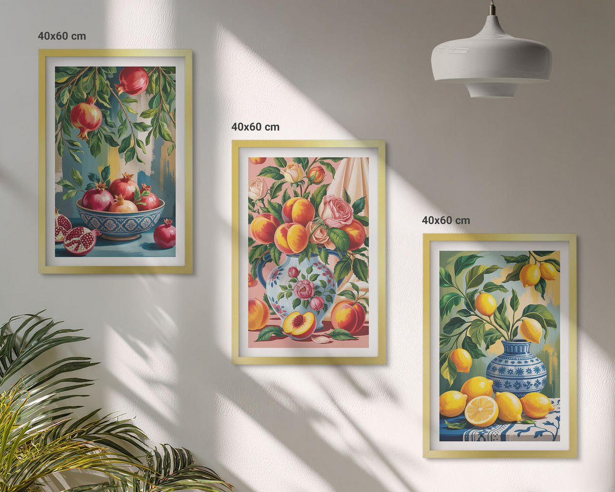 BILDER SET 3er Set - 40x60 cm Goldrahmen - Fruchtzusammensetzung von Granatäpfeln - Goldfarben, Kunststoff (40/60cm) - TULUP