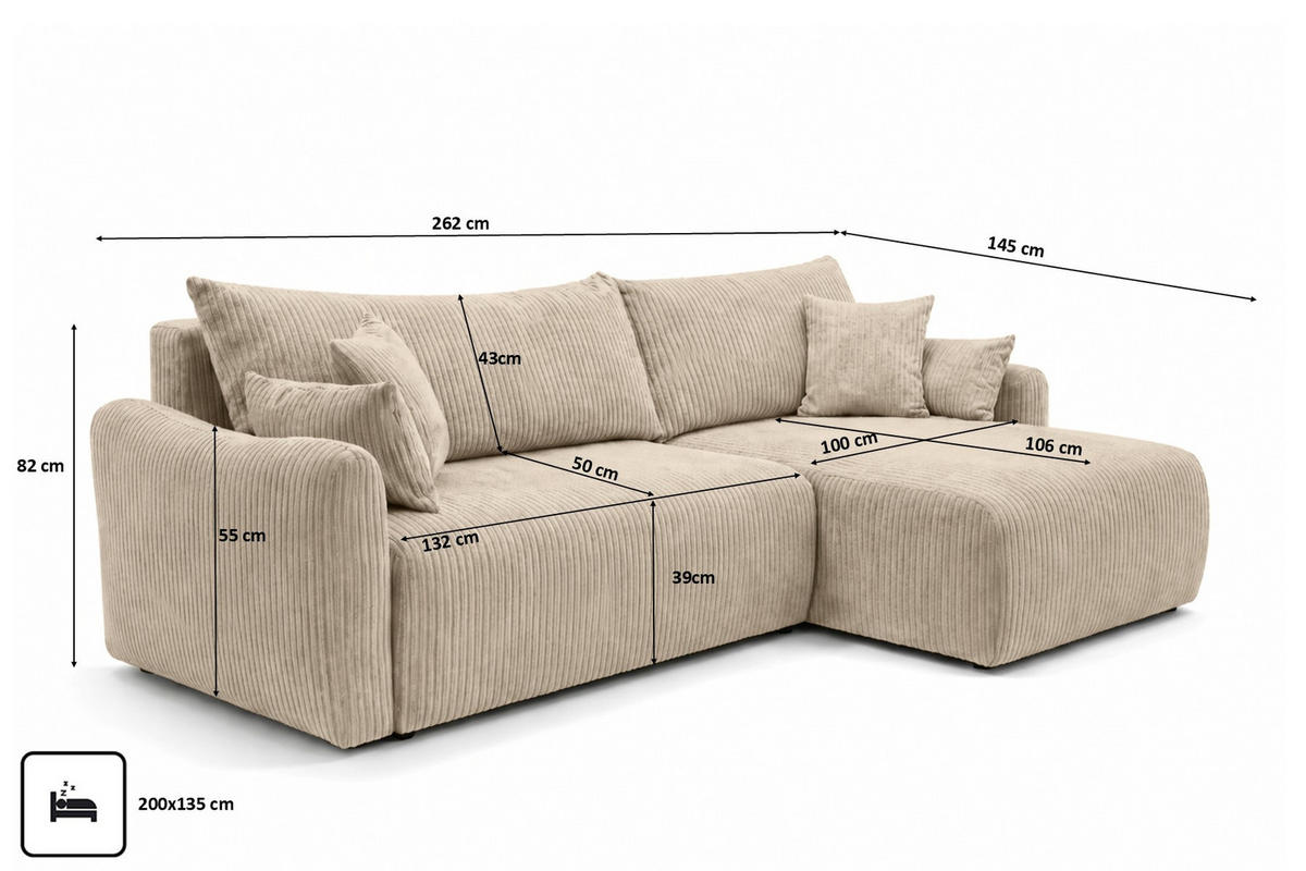 ECKSOFA Mit Schlaffunktion, Cordstoff Poso, Dunkelbeige, Rechts, JAPANDI - Beige, Holz (262/145cm) - Kaiser Möbel