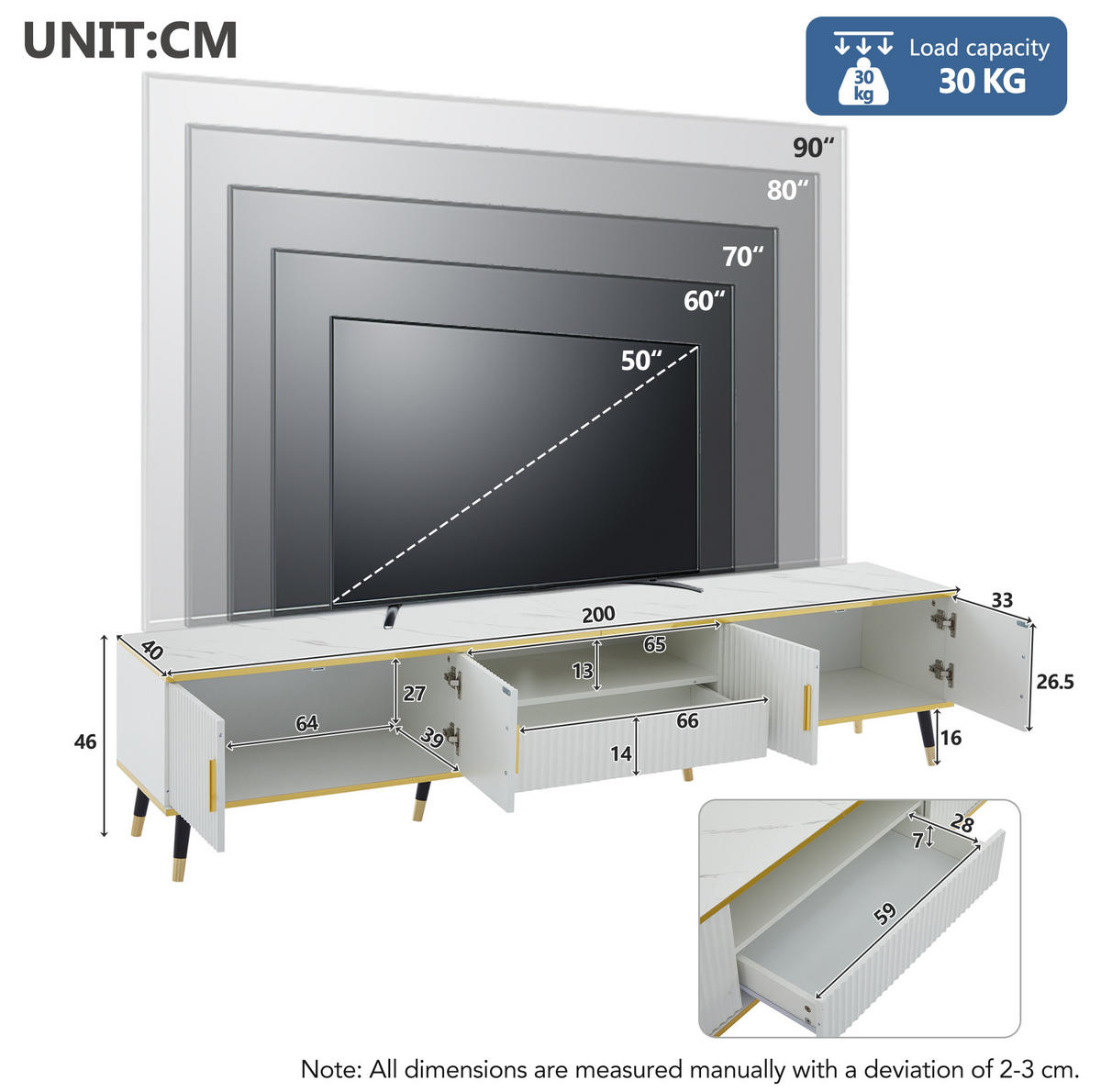 TV-SCHRANK 200/40/46 cm weiß mit Marmoroptik mit 2 Türen und 1 Schublade - Weiß, Holzwerkstoff (200/46/40cm) - OKWISH
