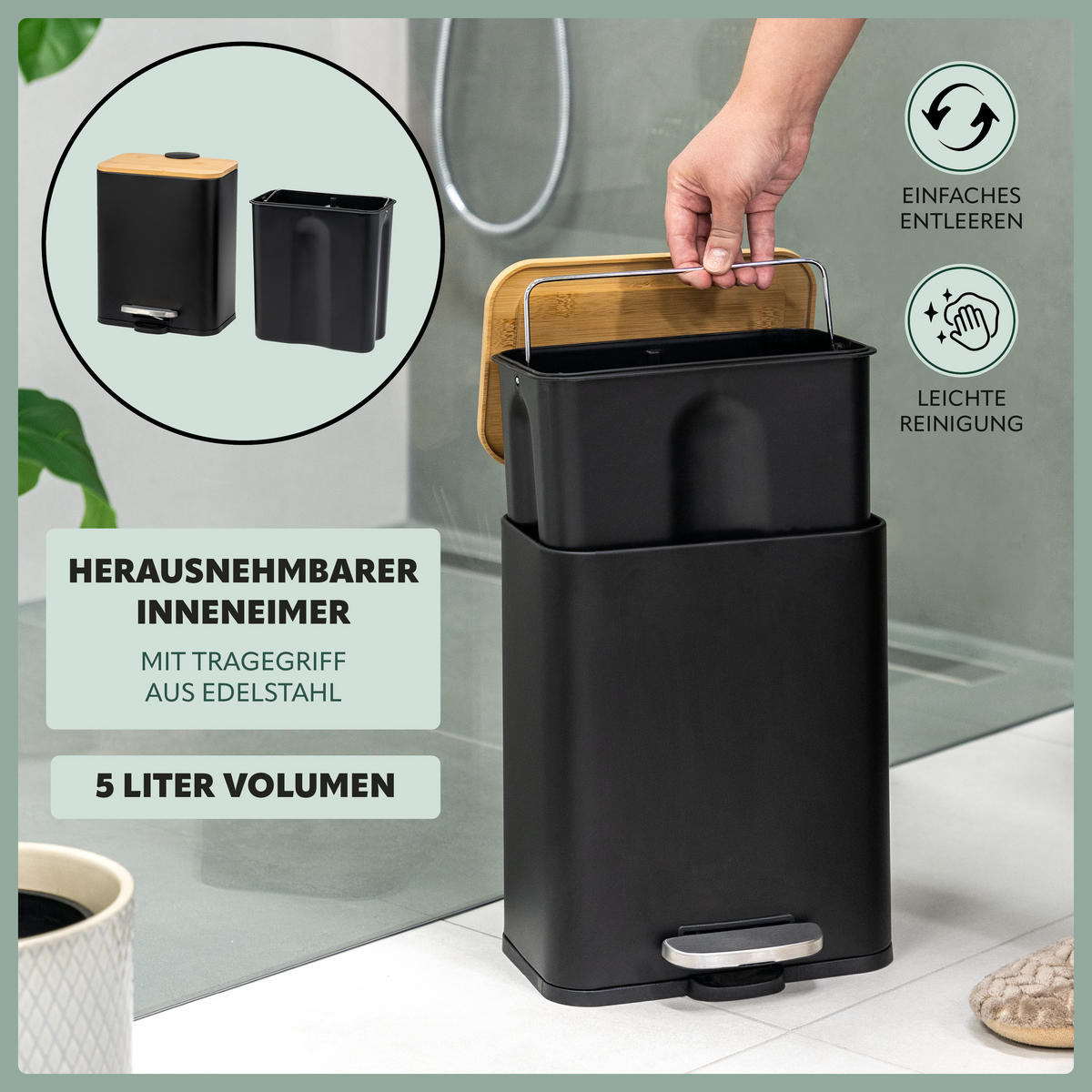 KOSMETIKEIMER 5 Liter Bambus und Metall, schwarz - Schwarz, Metall (22.5/28.5/21.5cm) - bremermann