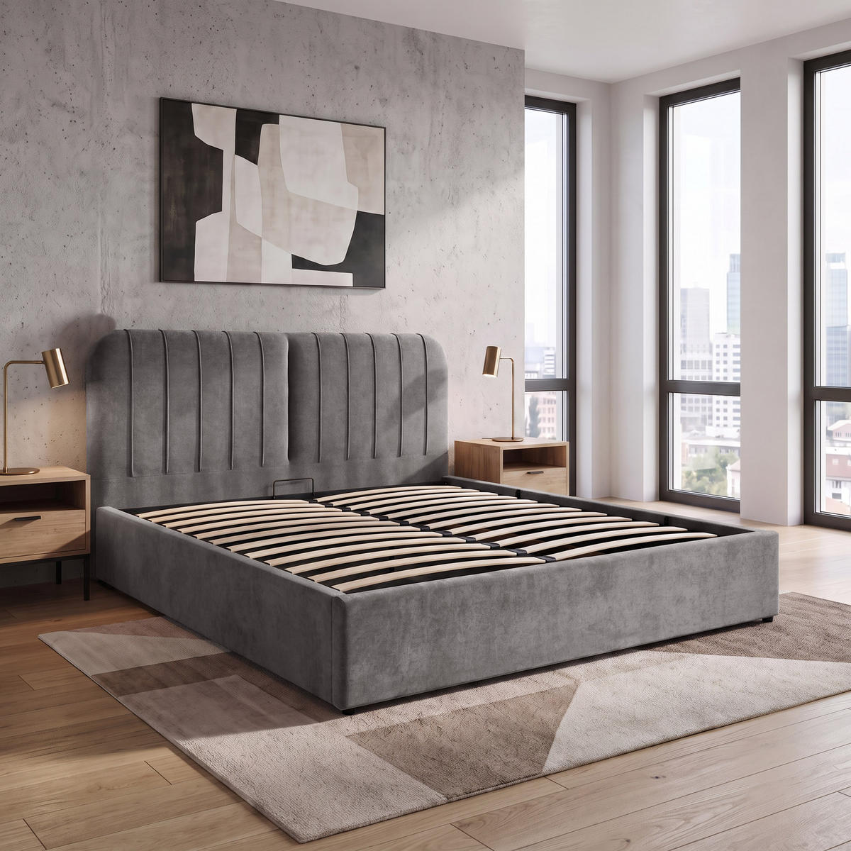 ČALOUNĚNÁ POSTEL Livre bez matrace, s úložným prostorem, plynovými písty, 160x200 cm, žinylková látka, tmavě šedá - tmavě šedá, textil (160/200cm) - Beautysofa