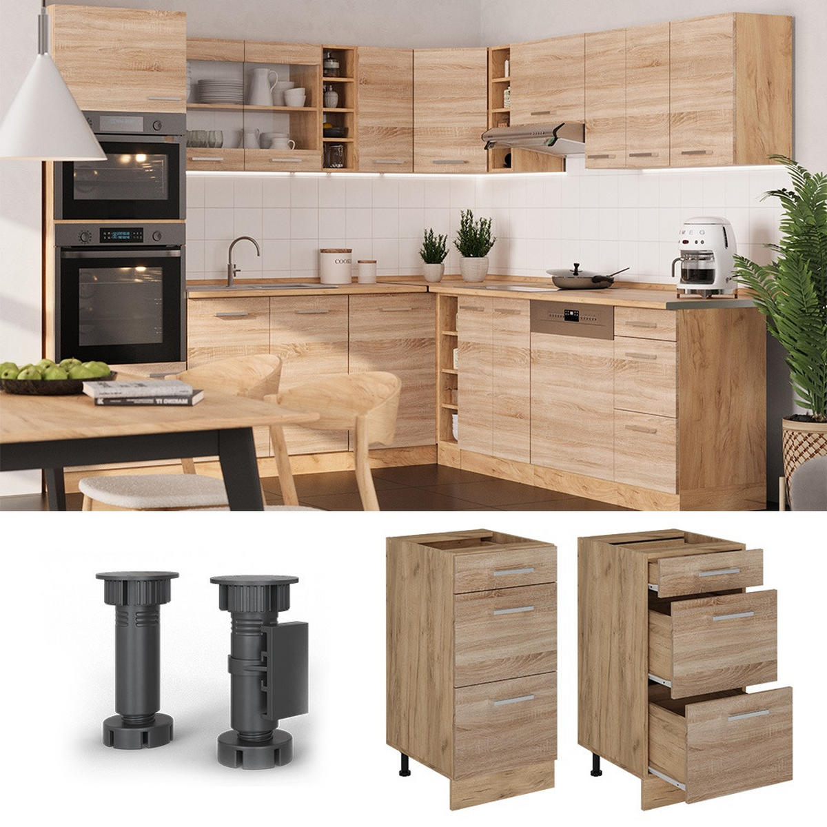 DULAP DE BAZĂ DE BUCĂTĂRIE R-Line Sonoma 40 cm cu sertare, marmură AP - stejar miere/stejar Sonoma, compozit lemnos (40/81.6/60cm) - Vicco