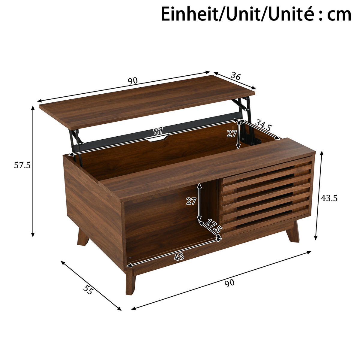 COUCHTISCH aus MDF 90x55x57,5 cm in Nussbaum mit höhenverstellbarer Platte - Nussbaumfarben, Holzwerkstoff (90/55/57.5cm) - Modfu