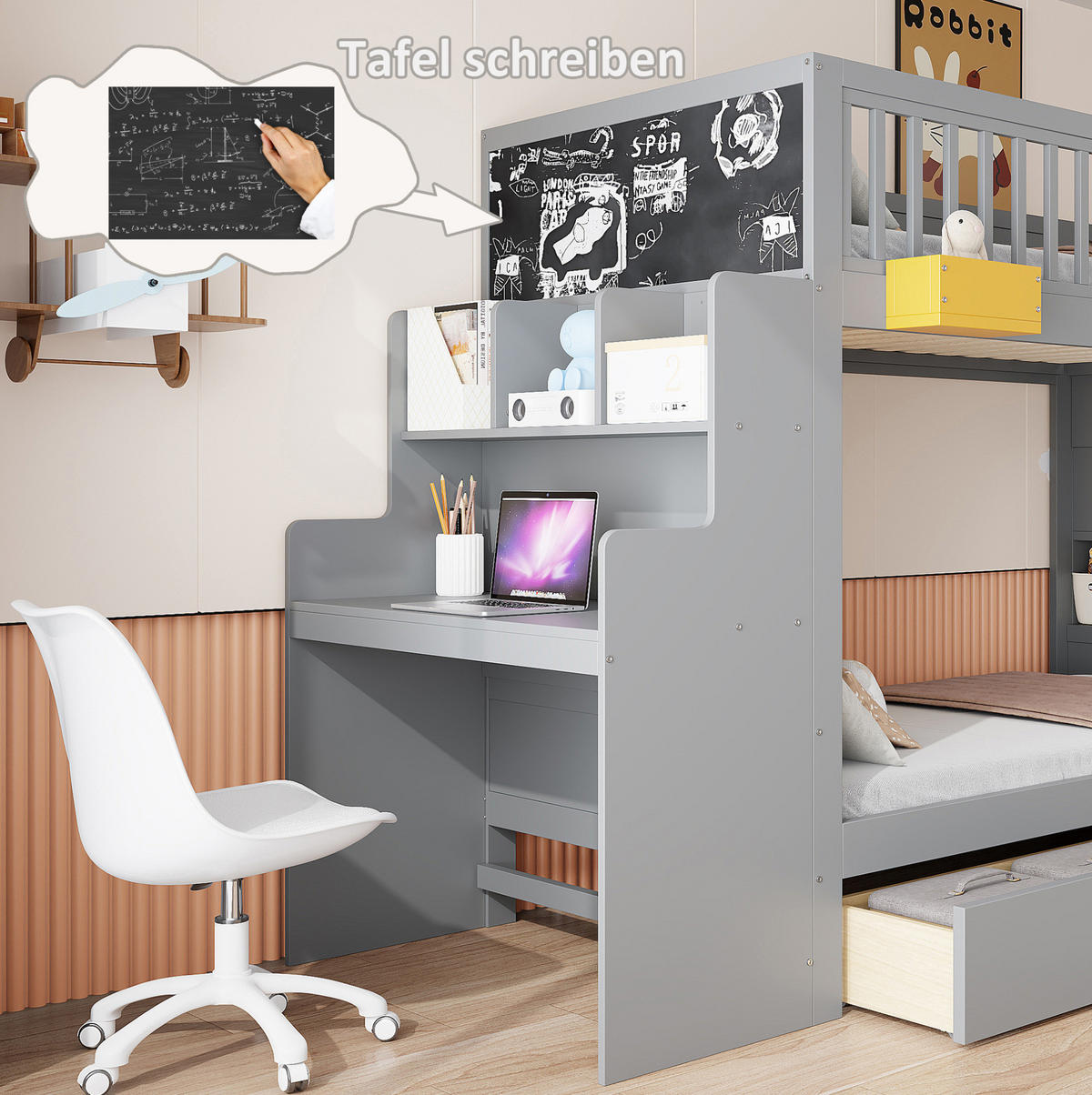 ETAGENBETT 90/200 cm grau aus Holz mit Schreibtisch - Grau, Holzwerkstoff (90/200cm) - OKWISH