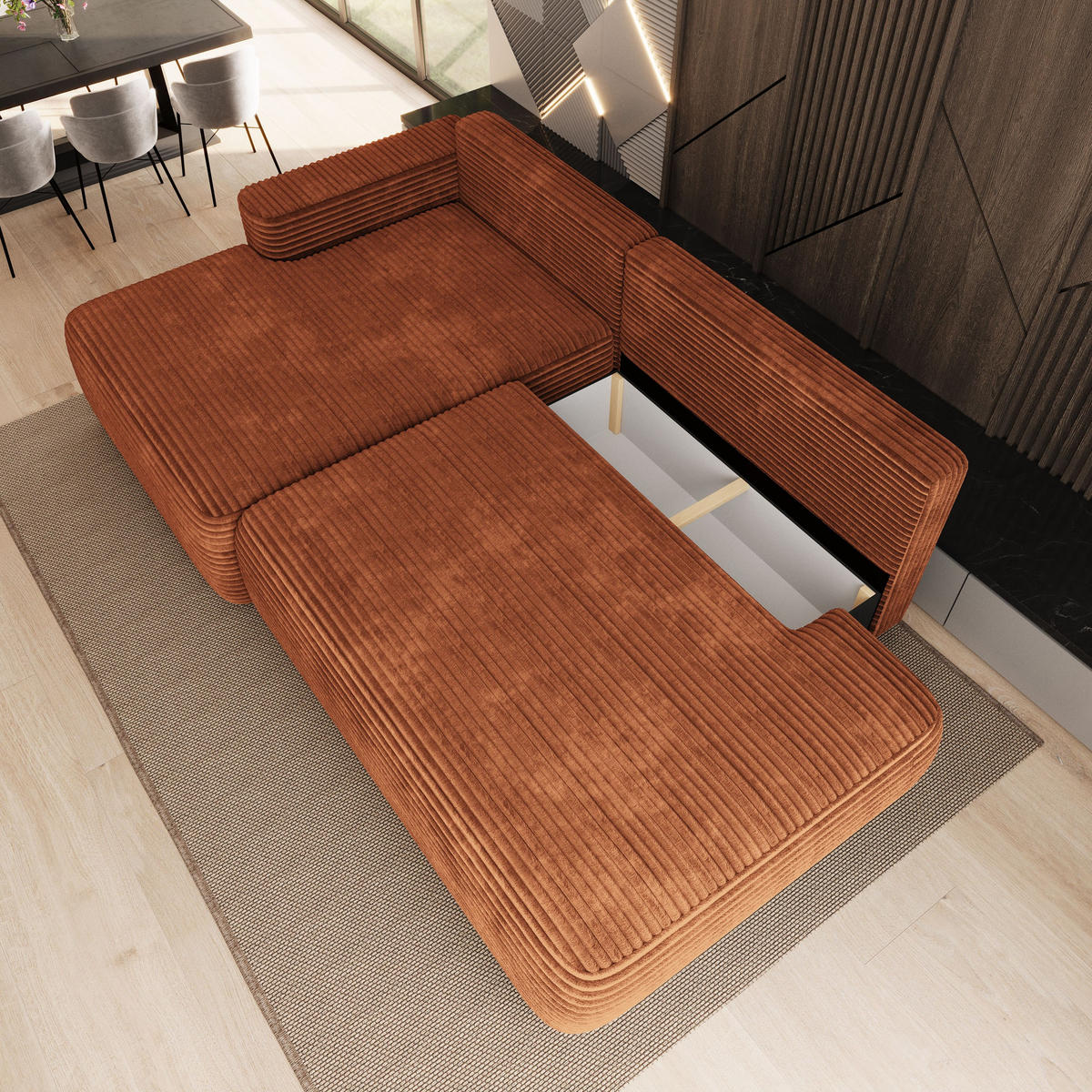 ECKSOFA AVINI T L-S Braun Kordstoff mit Schlaffunktion - Braun, Holzwerkstoff/Textil (277/160cm) - MASSENO