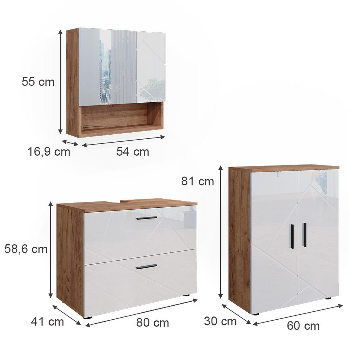 BADMÖBEL-SET Irma Weiß Hochglanz/Goldkraft Eiche 3 Teile mit Unterschrank 80 cm - Honigeiche/Weiß Hochglanz, Holzwerkstoff (80/58/41cm) - Vicco