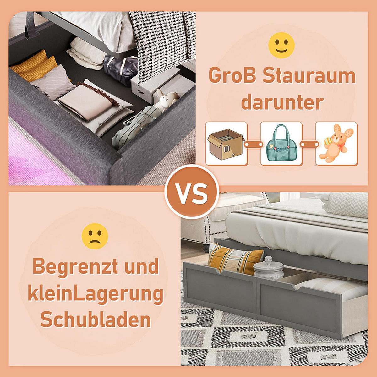 POLSTERBETT 90x200cm Mit USB-Buchse, Leinen, Grau - Grau, Holz/Textil (90/200cm) - KOMHTOM