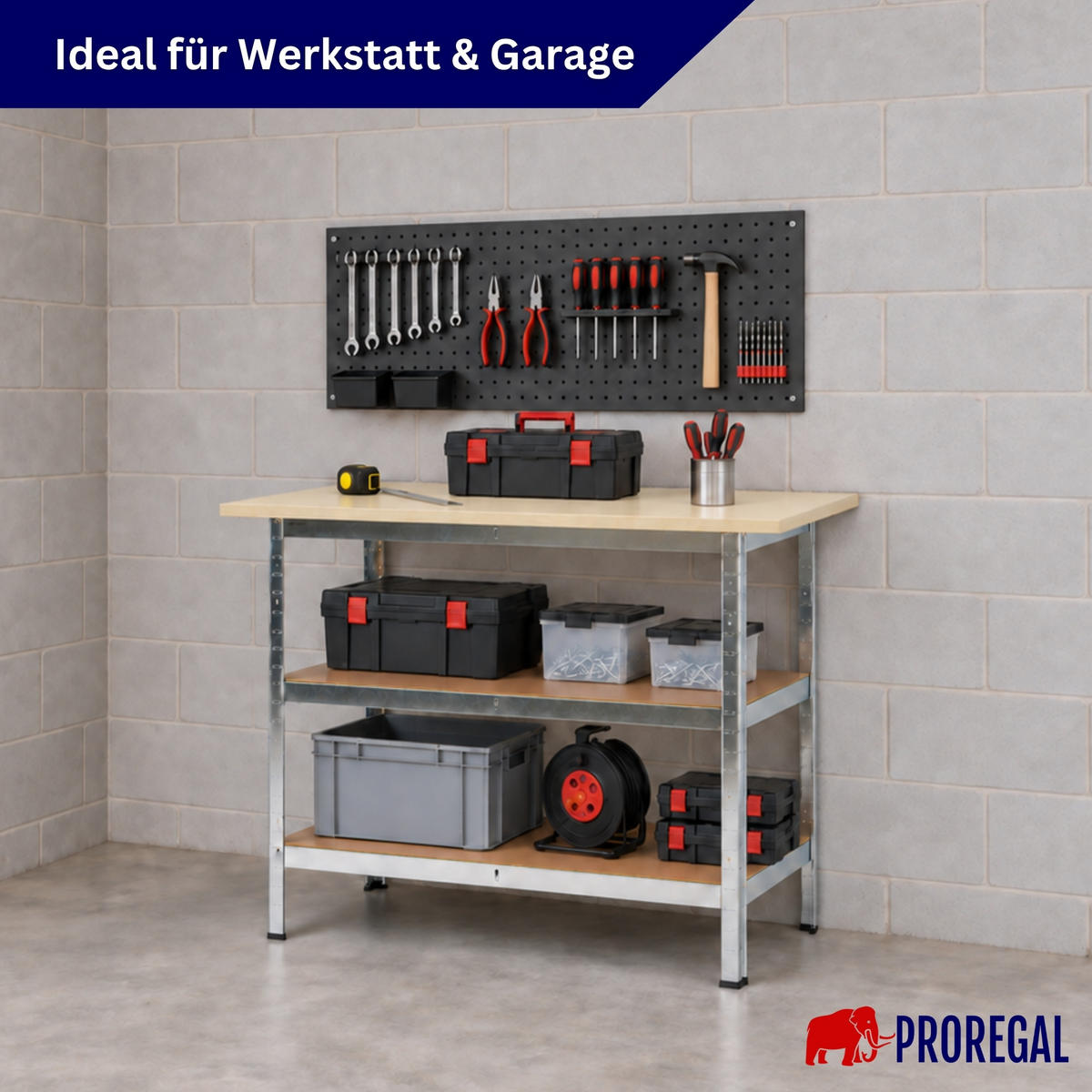 PROFI Werkbank TAURUS 1 Tischplatte + 2 Fachböden HxBxT 120x60x25cm Verzinkt - Zinkfarben, Metall (120/92.5/60cm) - PROREGAL