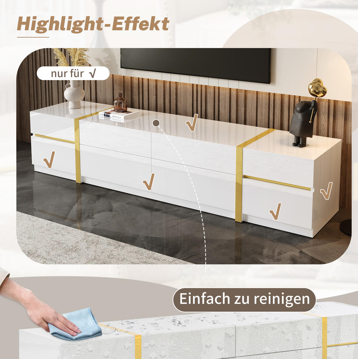 TV-LOWBOARD aus MDF und Spanplatte 180x40x38 cm Weiß mit Hochglanzfront, 4 Schubladen und 2 Türen - Weiß, Holzwerkstoff (180/38/40cm) - IVMEU