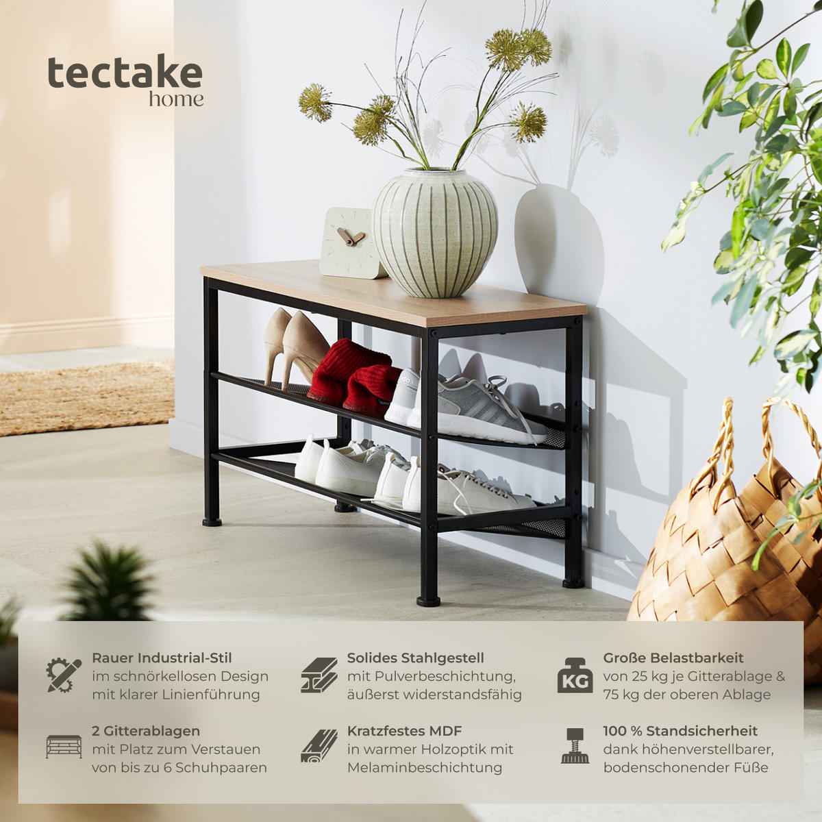 SCHUHREGAL Derry,75,5 x 30,5 x 45,5 cm,Industrial Holz hell, Eiche Sonoma - Naturfarben, Holz (30.5/45.5/75.5cm) - tectake