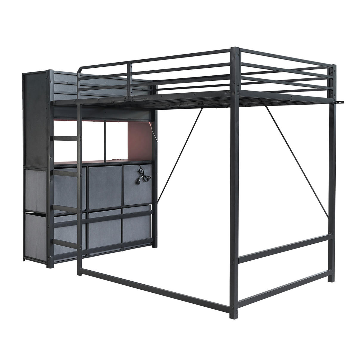 HOCHBETT aus Metall und Holz 120x200 cm Schwarz/Grau mit Stauraum, Beleuchtung und Ladestation - Schwarz, Metall (120/200cm) - Modfu