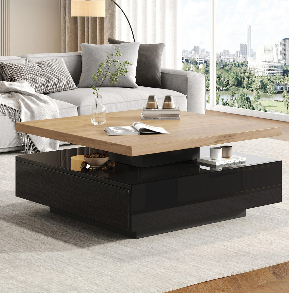 COUCHTISCH 70/70/36 cm mit 360° drehbarer Tischplatte, versteckter Schublade und Hochglanz-Elementen, Walnuss/Schwarz - Schwarz, Holzwerkstoff (70/70/36cm) - Modfu