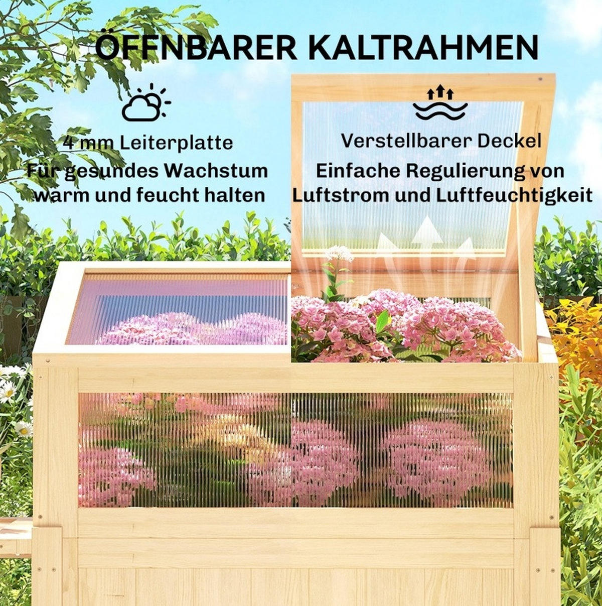 HOCHBEET 104x50x120cm mit Gewächshaus und Klapptisch - Naturfarben, Holz (50/102/104cm) - Modfu