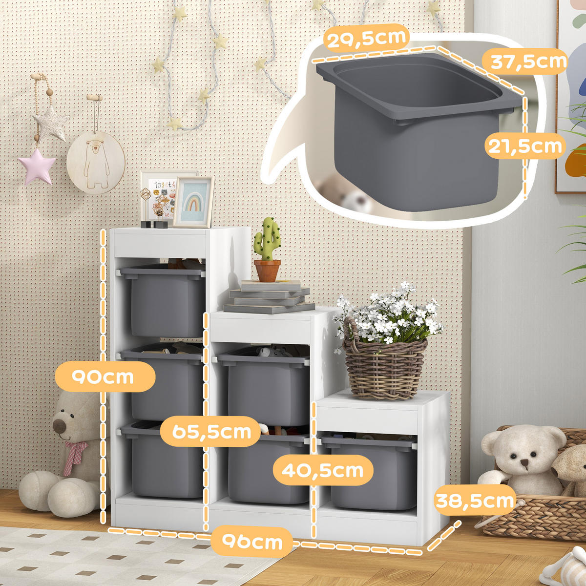 KINDERREGAL DE-17235 3 Ebenen & 6 herausnehmbare Boxen Grau - Grau, Metall (96/90/38.5cm) - ComfortXL