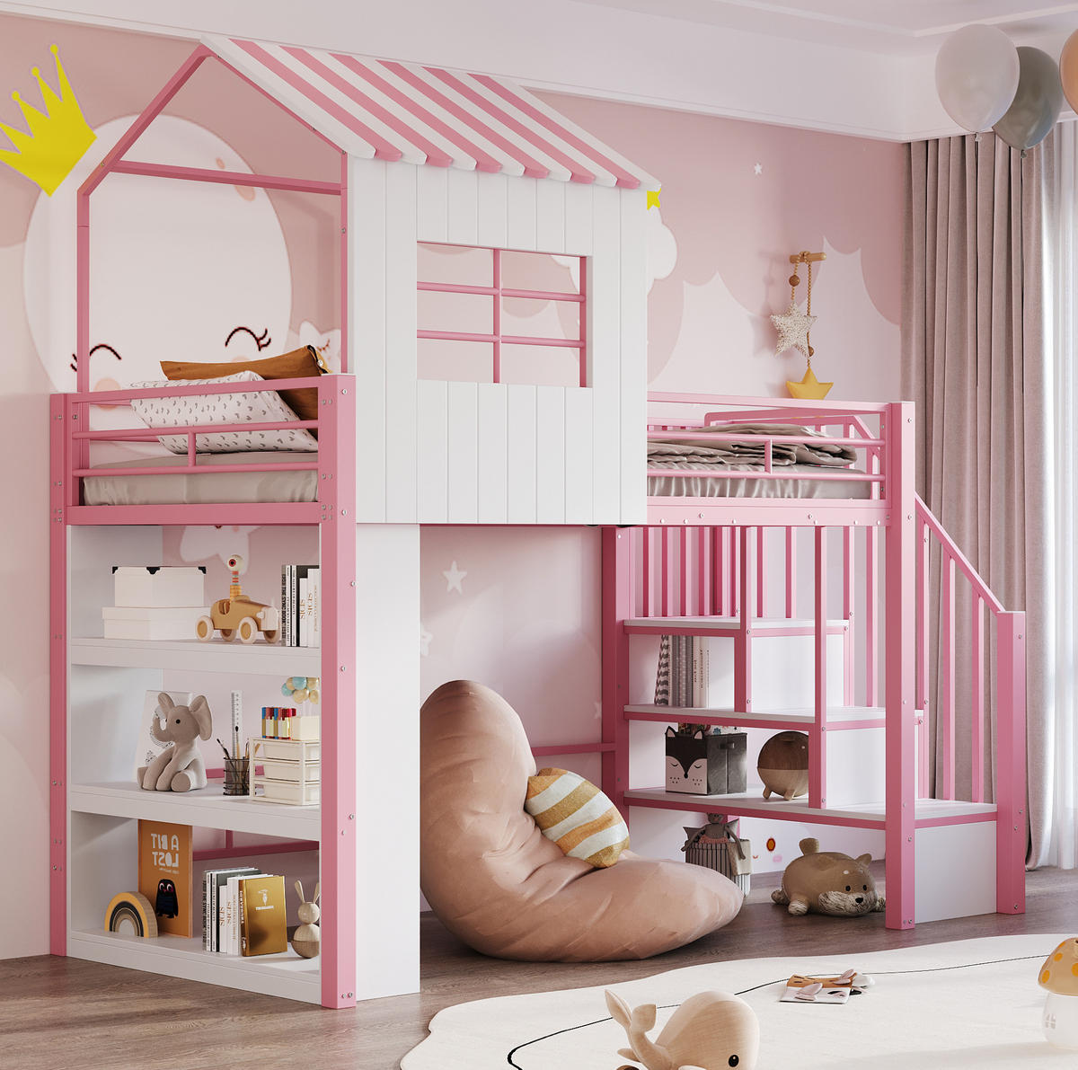 HOCHBETT aus MDF und Metall 90x200 cm Rosa mit Stauraumtreppe, Regal und viel Platz unter dem Bett - Pink, Holzwerkstoff (90/200cm) - Modfu