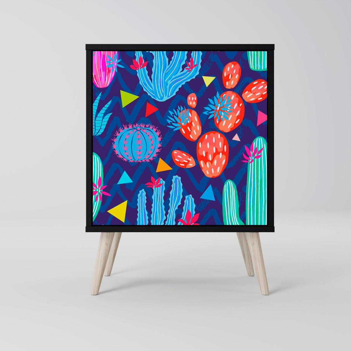 SIDEBOARD CACTUS VIBES, Schwarz, 57,5x42x70,5 cm, Schwarze Metall-Sternfüße - Multicolor/Schwarz, Holzwerkstoff/Metall (57.5/70.5/42cm) - SpaceRebels