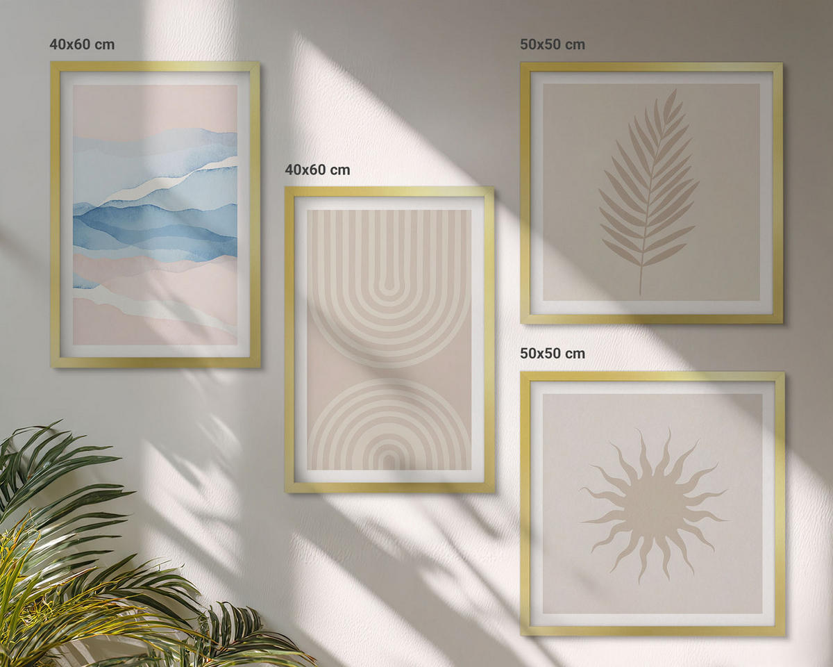 BILDER SET 4er Set - 50x50 cm & 40x60 cm Goldrahmen - Abstrakte Linien der Sonnenwellen - Goldfarben, Kunststoff (50/50cm) - TULUP