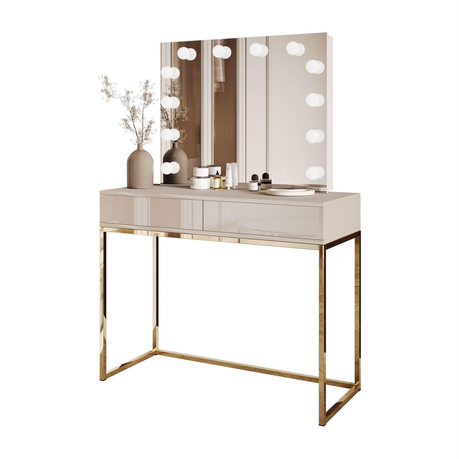 SCHMINKTISCH BLANCO KASCHMIR ELITE mit Spiegel und Beleuchtung goldener Chrom PUSH OPEN - Kaschmir, Holzwerkstoff (100/81/42cm) - Lookway