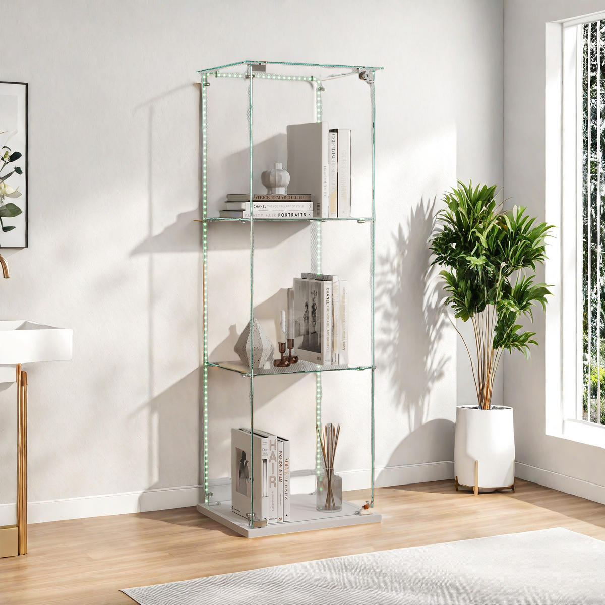 GLASVITRINE mit LED, 3 Ebenen, abschließbar, Weißer Sockel - Weiß, Glas (35/123.3/39.8cm) - SHOPENTRA