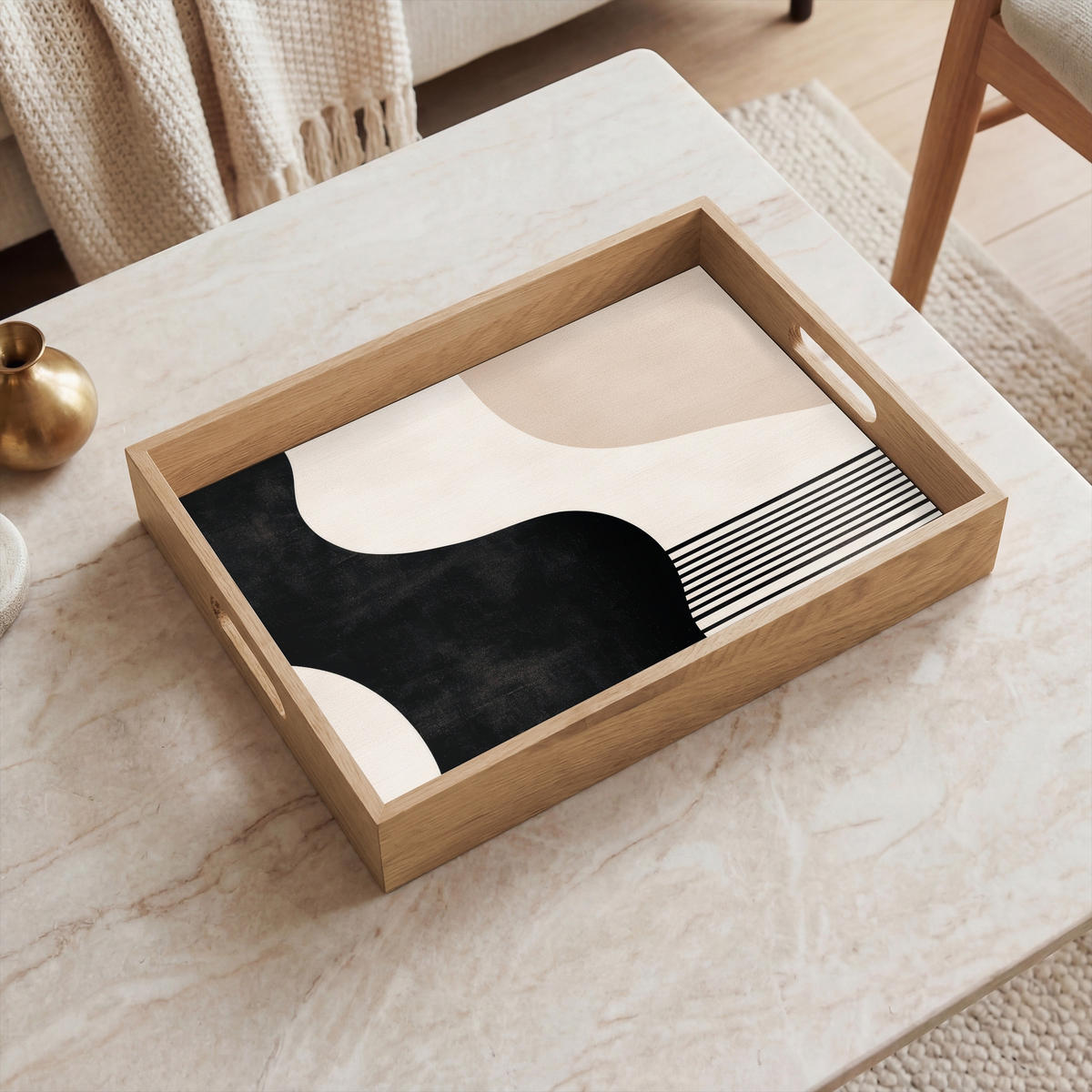 SERVÍROVACÍ PODNOS Abstraktní - Japonské - Béžové - Moderní 40x30 cm - černá, dřevo (40/5/5cm) - OnlyWow