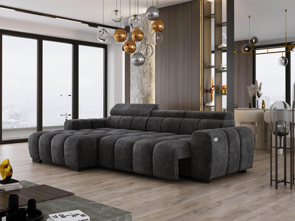 ECKSOFA OMBO 285x168x77/97 cm, Links, Schlaffunktion, elektr. Sitz, Kopfstützen, hydrophober EDEN-Stoff – Schwarz - Schwarz, Holz/Textil (168/285cm) - DomoHome