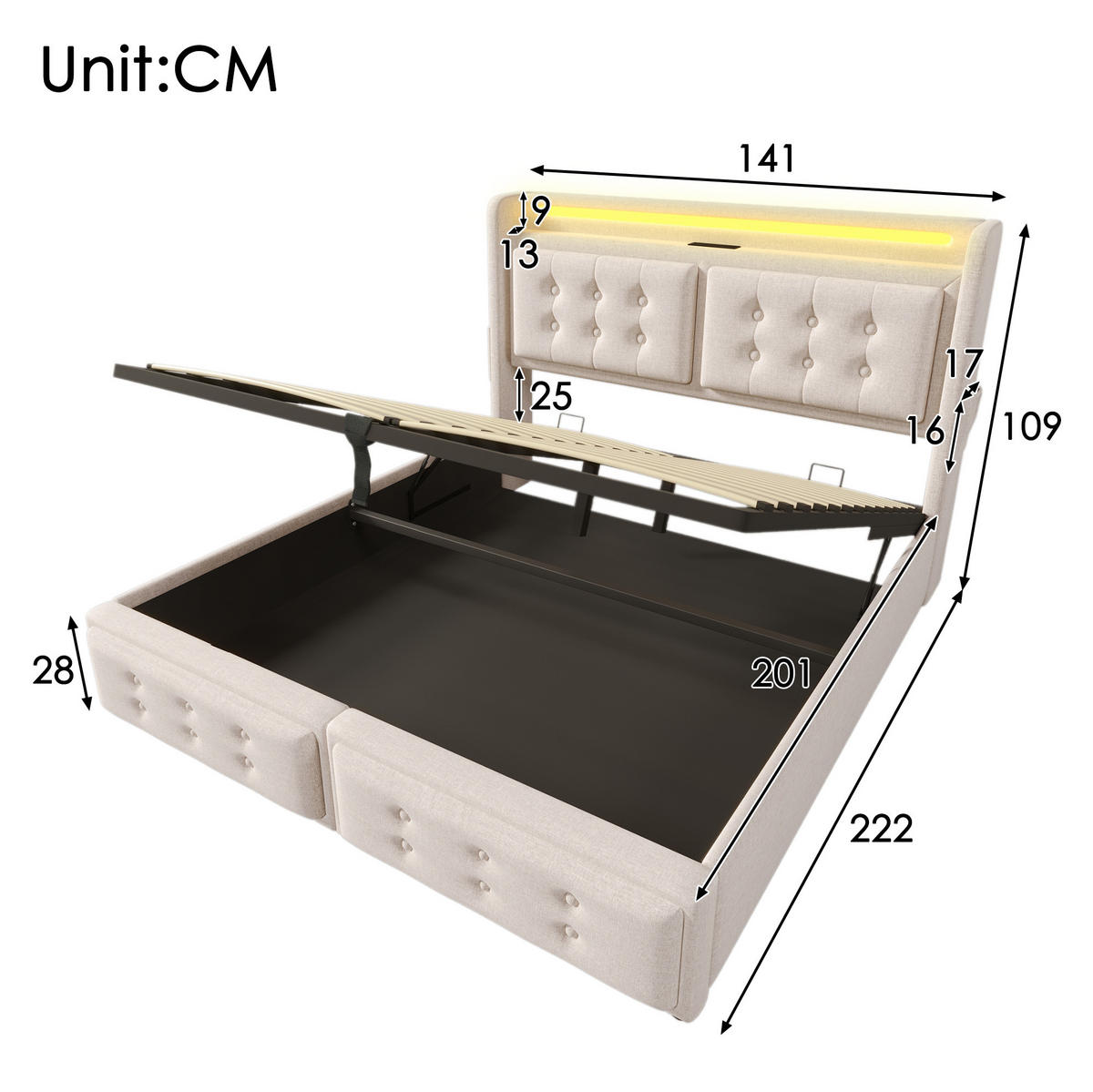 POLSTERBETT 140/200 cm Beige mit Bettkasten, LED und USB- und Type-C-Anschlüssen - Beige, Textil (140/200cm) - Flora Grace