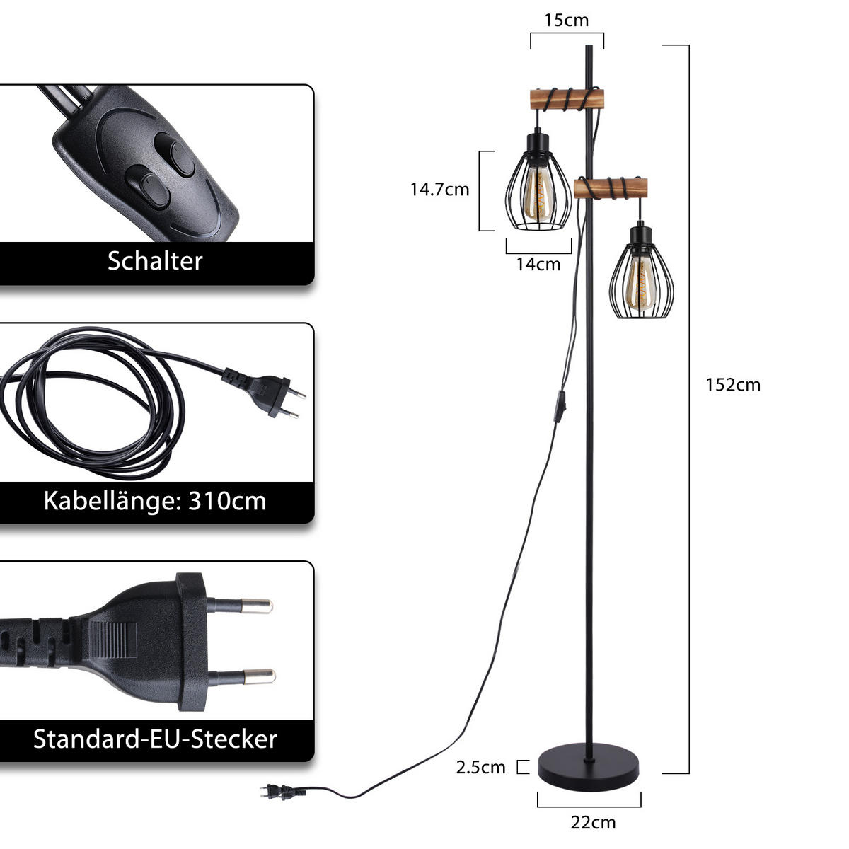 STEHLAMPE Haas 22/152/22 cm - Schwarz, Metall (22/22/152cm) - ZMH