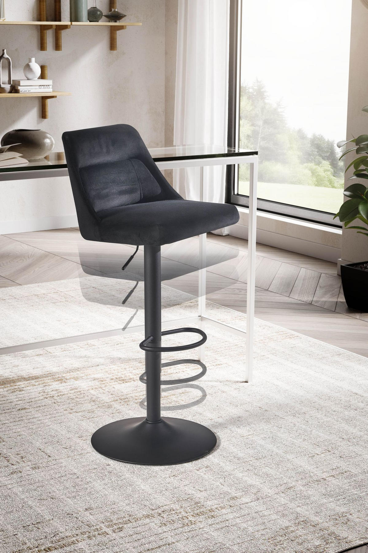 BARHOCKER Samt Lehne Höhenverstellbar Trompetenfuß Gepolstert, Schwarz 45x51x106 cm - Schwarz, Textil/Metall (45/106/51cm) - KADIMA DESIGN
