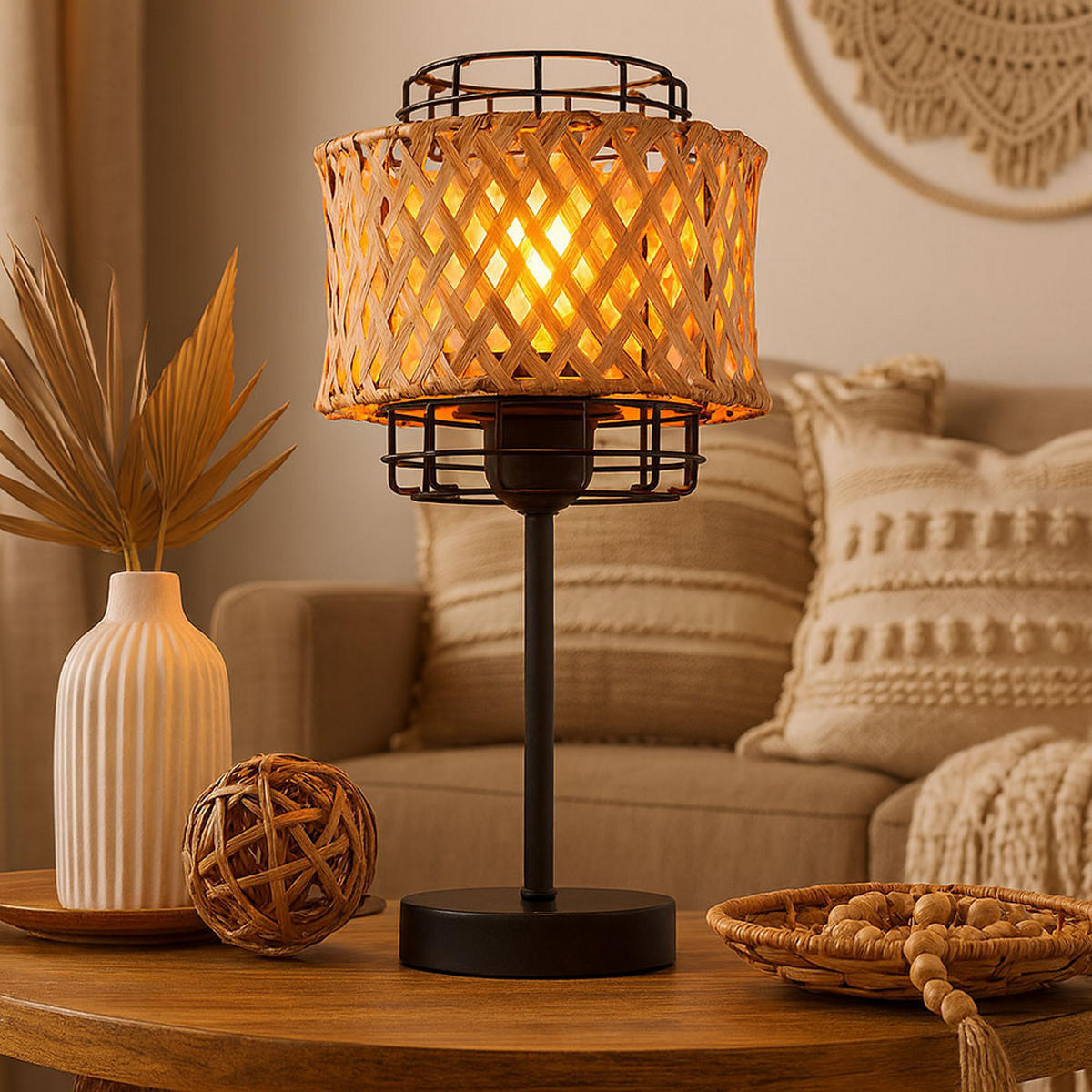 LED TISCHLEUCHTE Bambusgeflecht Braun - Braun, Holz (17/17/32cm) - Globo Lighting