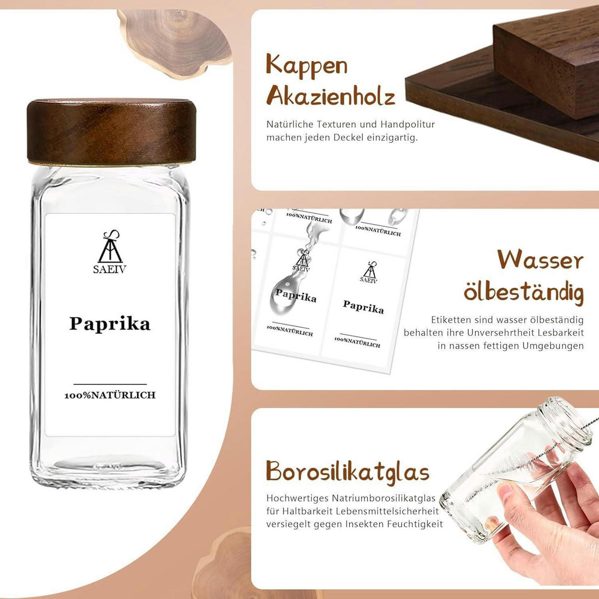 GEWÜRZGLÄSER 12-teiliges Set mit Holzdeckel 120ML - Multicolor, Glas (4.5/10.5/4.5cm)
