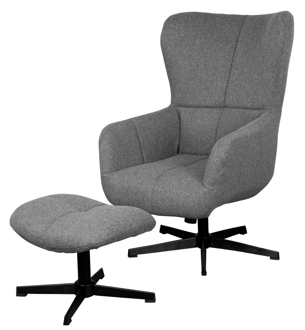 OHRENSESSEL-SET Sava inkl. Fußhocker - drehbar - grau - Schwarz/Grau, Textil/Metall (87/104/74cm) - bene living