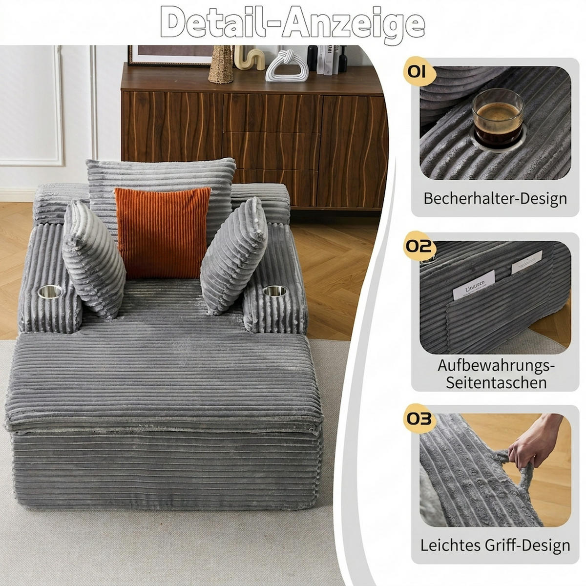 SCHLAFSOFA 165/112/63 cm Grau mit Chaiselongue, 3 Kissen und 1 Decke - Grau, Textil (112/63/165cm) - Oxeza