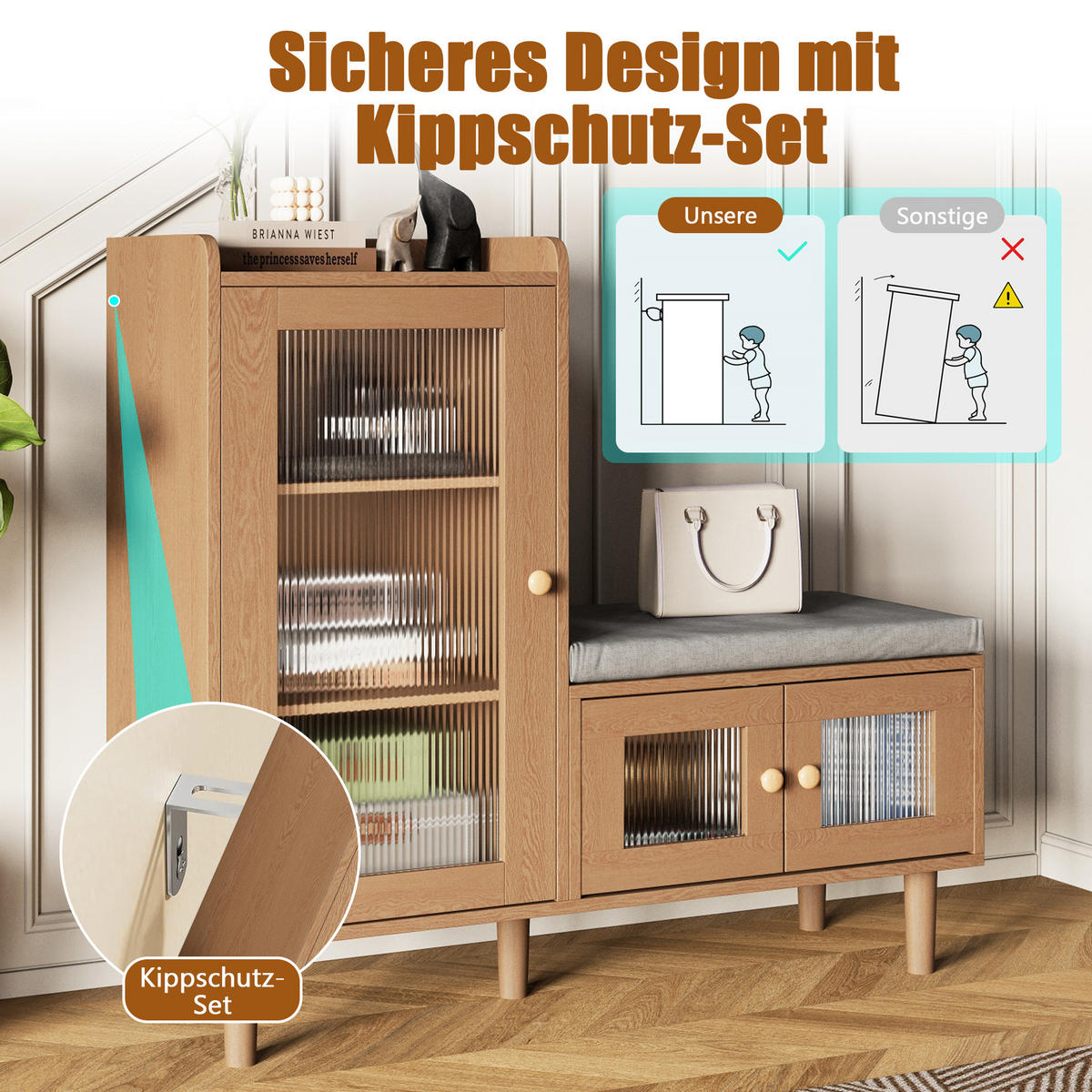 SCHUHSCHRANK mit Sitzbank, 3 Türen, verstellbare Einlegeböden, 100 x 35 x 90 cm, Hellbraun - Hellbraun, Holz/Metall (35/90/100cm) - GENKI LIVING