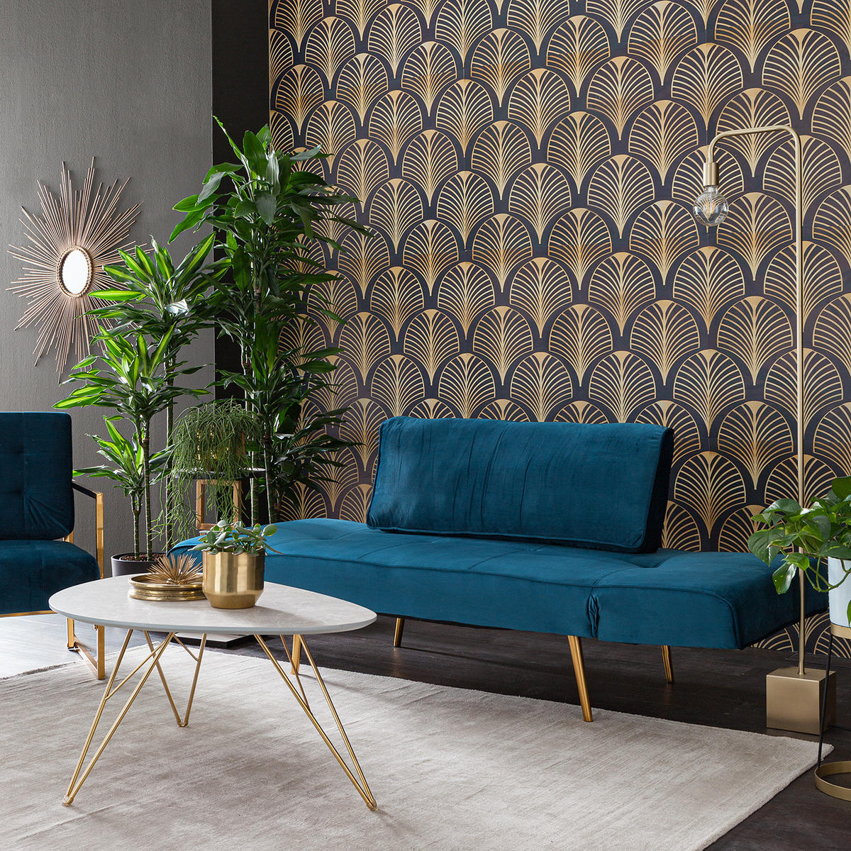 SCHLAFSOFA - Samt - Goldfarben/Dunkelblau, Textil/Metall (152/74/74cm) - home24