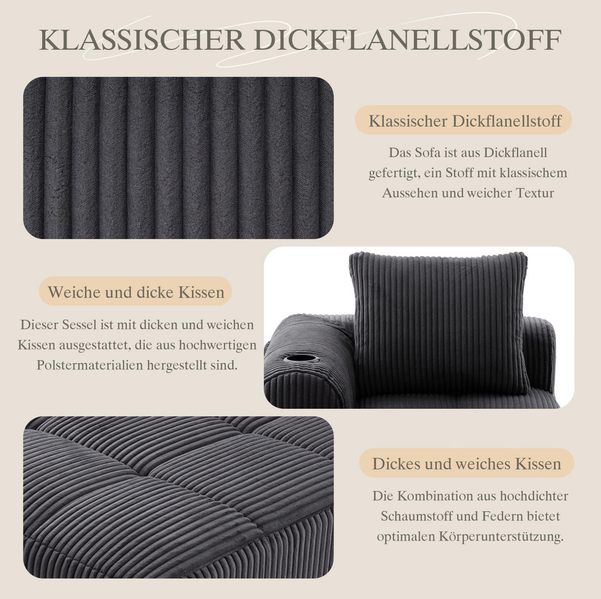 SOFA od samta, 158/93/61 cm tamnosiva, s bočnim džepovima i držačima za piće - tamno siva, tekstil (93/61/158cm) - BEAOK