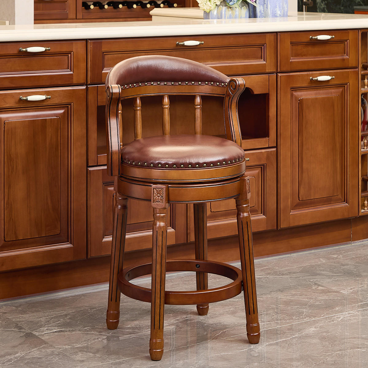 BARHOCKER 1er-Set Braun mit Echtleder und Rückenlehne - Braun, Holz (54.8/96/54.8cm) - PANGIVO
