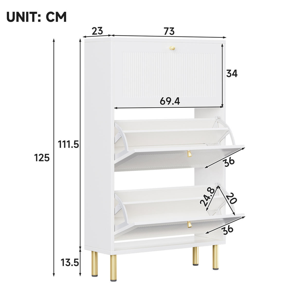 SCHUHSCHRANK aus MDF & Spanplatte 73x23x125cm in Weiß mit 3 Klapptüren - Weiß, Holzwerkstoff (73/125/23cm) - Modfu
