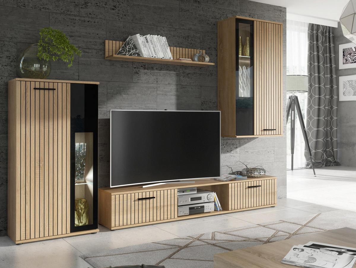 WOHNWAND Eiche, schwarz 255 cm Lamellenoptik, Schrankwand mit Beleuchtung - Eichefarben/Schwarz, Glas/Holzwerkstoff (255/180/30cm) - Furn.Design