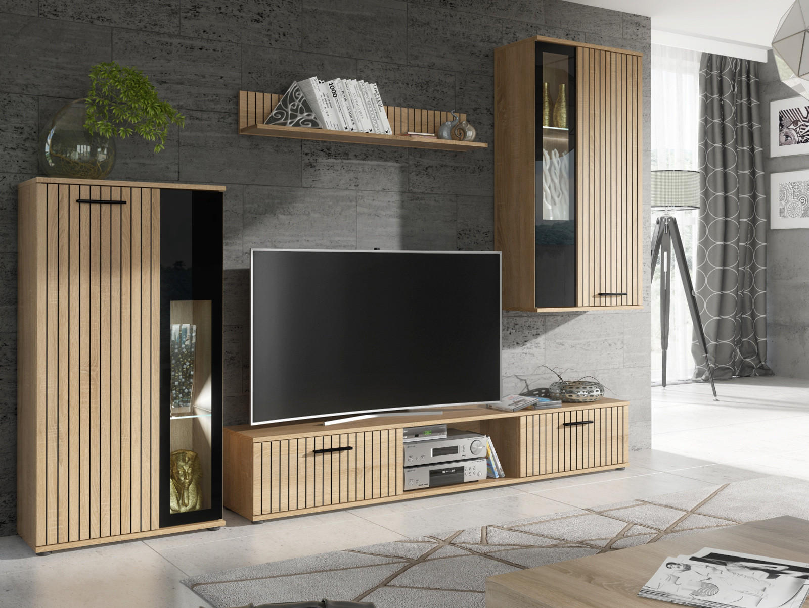 Thumbnail - Furn.Design Wohnwand, Eiche, Schwarz, Kunststoff, Nachbildung,Eiche, Uni, Holz Optik, 255x180x30 cm, Wohnzimmer, Wohnwän...