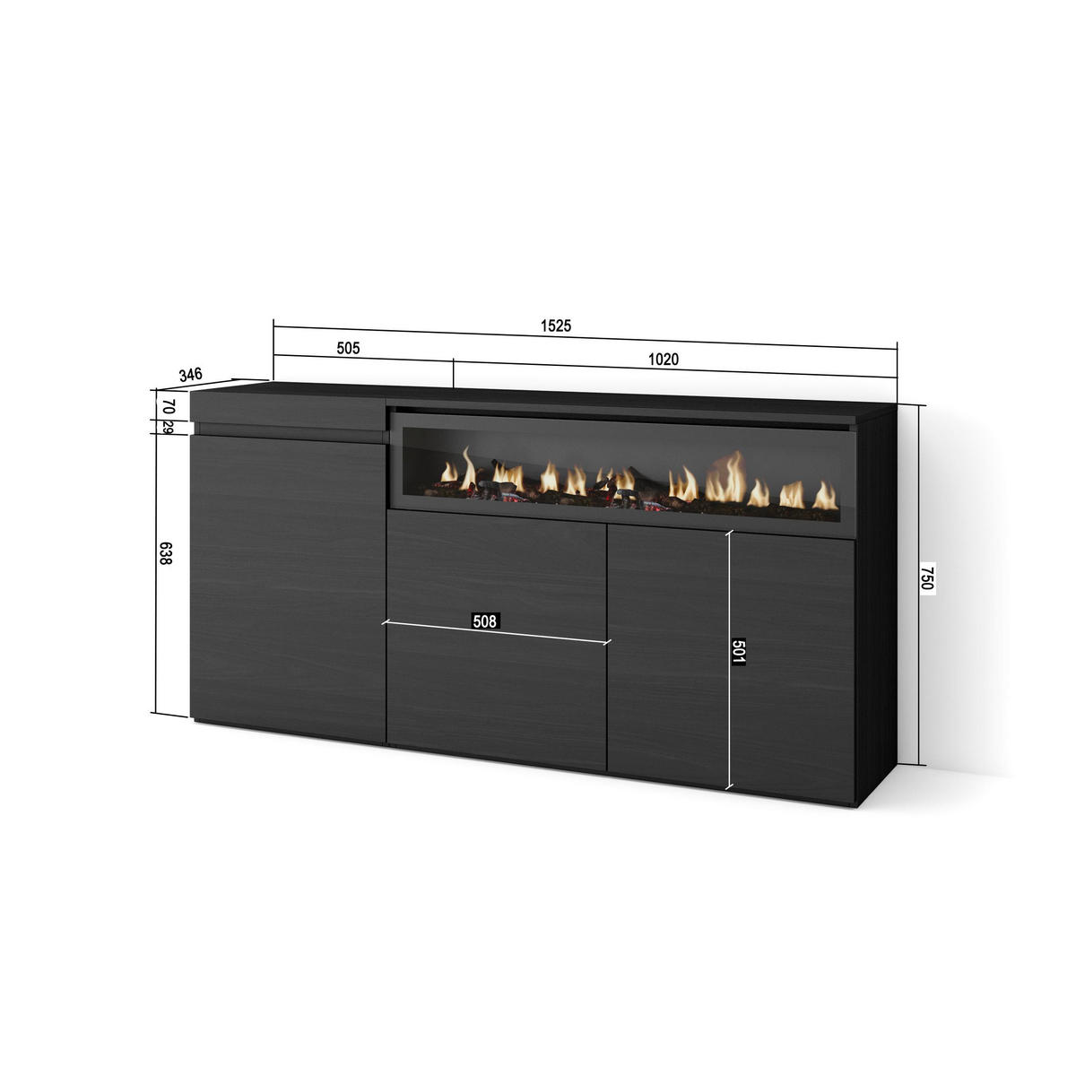 SIDEBOARD Elektrokamin, schwarz, 150/35/75cm - Schwarz, Holzwerkstoff (150/75/35cm) - Skraut Home