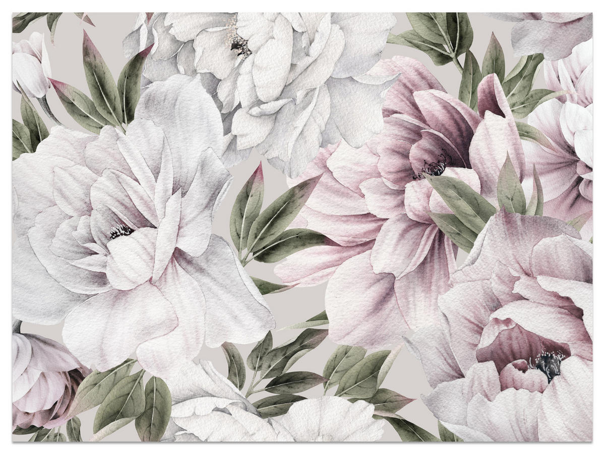 FOTOTAPETE für Schlafzimmer Pastell Pfingstrosen Boho Pflanzen 400x280 - Violett/Rosa, Papier (400/280cm) - Muralo