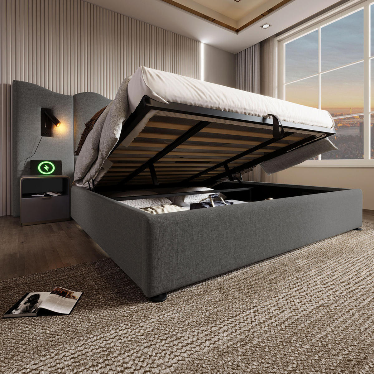 POLSTERBETT 180x200cm Doppelbett mit Leselampe & USB-C Stauraum Grau - Grau, Holz - FLIEKS