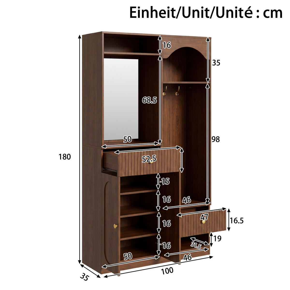 GARDEROBE-SET in Walnussfarben Flurmöbel Set mit Spiegel und Sitzbank für Flur, B100/T35/H180cm - Walnussfarben, Holzwerkstoff (100/180/35cm) - STILVORA