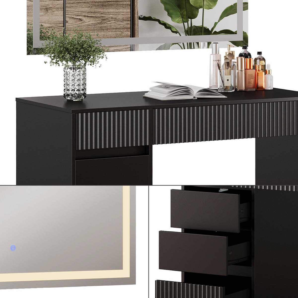 SCHMINKTISCH Omira Schwarz 120 cm mit LED-Spiegel - Schwarz, Holzwerkstoff (120/76/55cm) - Vicco