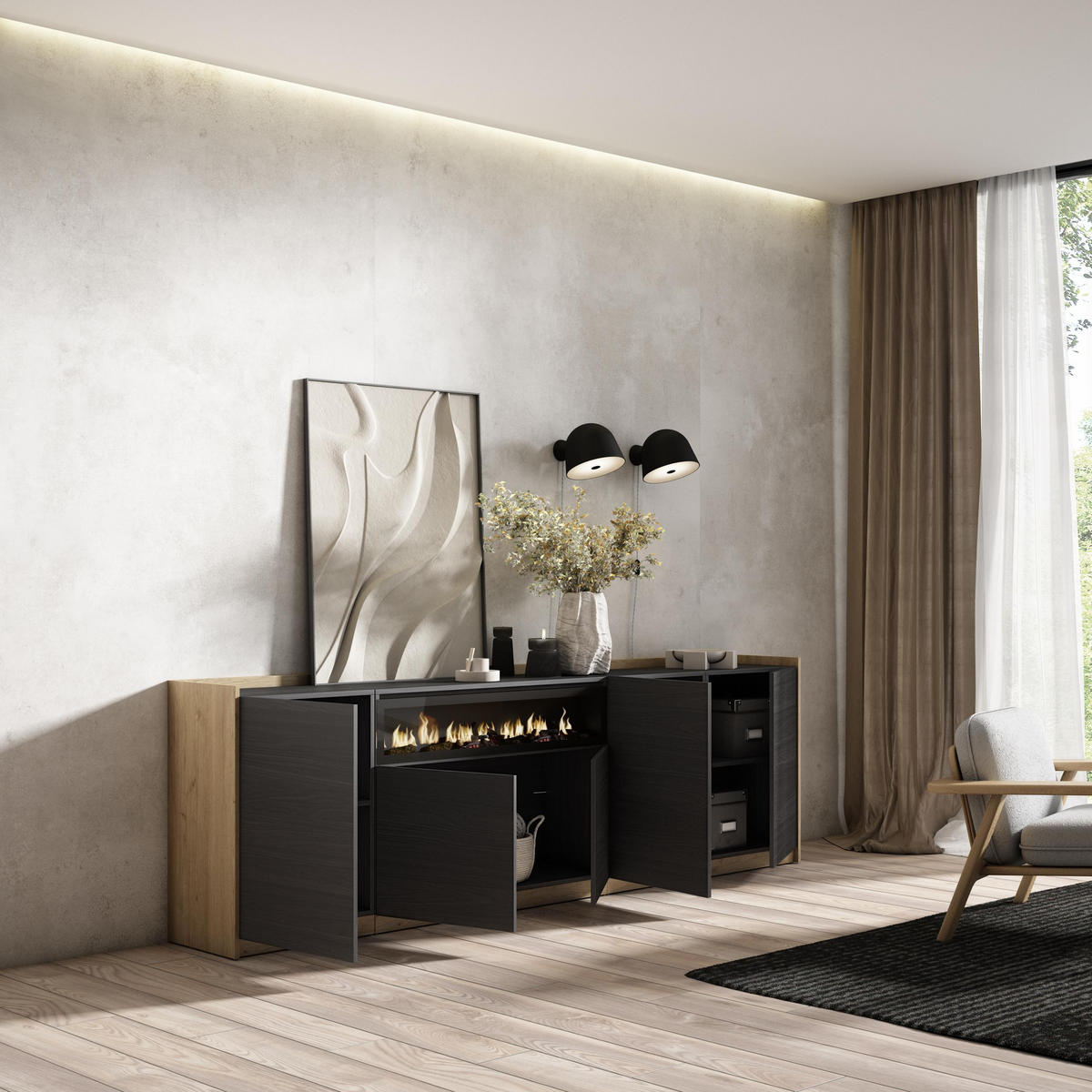 SIDEBOARD, Highboard, Schwarz Eiche, Elektrokamin, 260/37/80cm - Schwarz, Holzwerkstoff (260/80/37cm) - Skraut Home